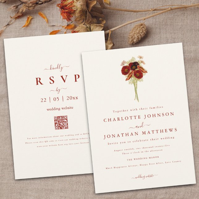 Invitación Sencilla Boda Silvestre Boho Marrón Naranja (Wildflower bouquet brown orange watercolor floral Wedding QR Code invitation)