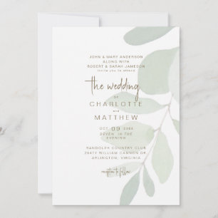 Invitación Sencilla Boda Texto Dorado Ambos Padres Eucalipto