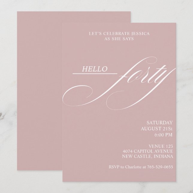 Invitación Sencilla caligrafía moderna cuarenta cumpleaños 40 (Anverso / Reverso)