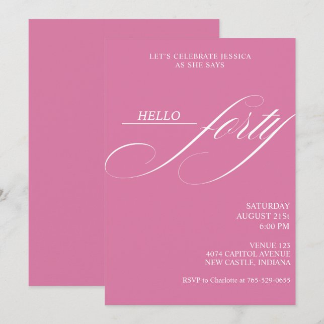Invitación Sencilla Caligrafía Moderna Cumpleaños Cuarenta 40 (Anverso / Reverso)