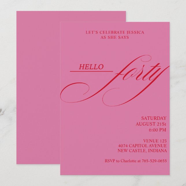 Invitación Sencilla Caligrafía Moderna Cumpleaños Cuarenta 40 (Anverso / Reverso)