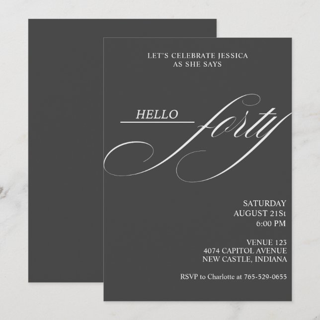 Invitación Sencilla Caligrafía Moderna Cumpleaños Cuarenta 40 (Anverso / Reverso)