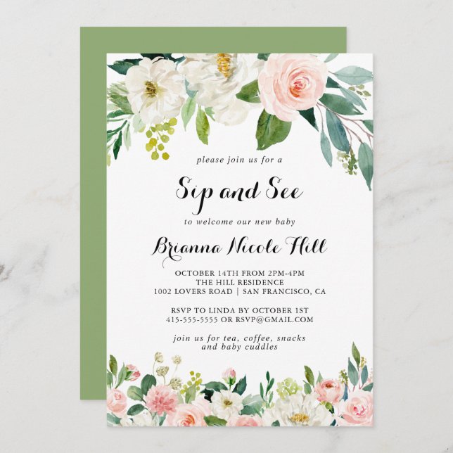 Invitación Sencilla caligrafía verde floral Sip y See (Anverso / Reverso)