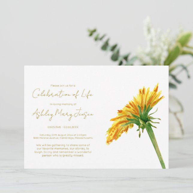 Invitación Sencilla Celebración de la Vida de Diente de León  (Anverso de pie)