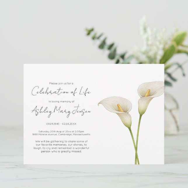 Invitación Sencilla Celebración de la Vida de Lirio de Calla  (Anverso de pie)
