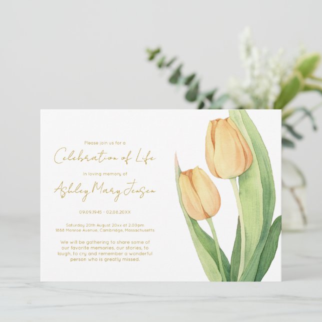 Invitación Sencilla Celebración de la Vida de Tulipán Funeral (Anverso de pie)