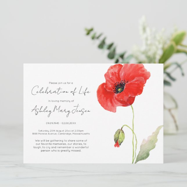 Invitación Sencilla Celebración de la Vida Funeral de Amapola (Anverso de pie)