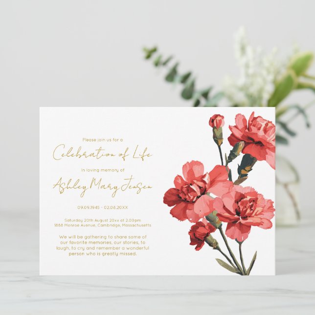 Invitación Sencilla Celebración de la Vida Funeral de Clavel (Anverso de pie)