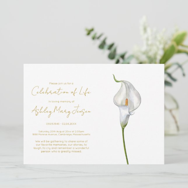 Invitación Sencilla Celebración de Vida de Lirio de Calla Fun (Anverso de pie)