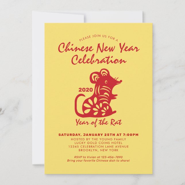 Invitación Sencilla celebración del Año Nuevo Chino Rata Roja (Anverso)