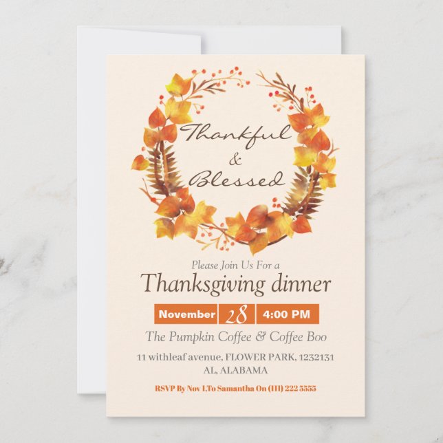 Invitación Sencilla cena de Acción de Gracias acuarela Cae la (Anverso)
