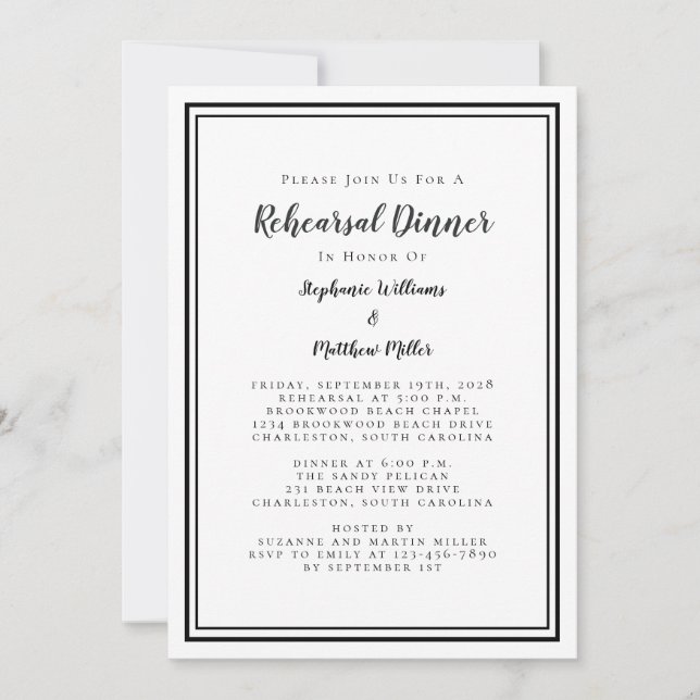 Invitación Sencilla cena de Boda blanco y negro (Anverso)