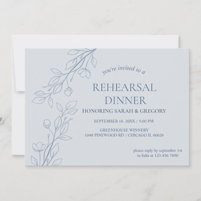 Invitación Sencilla cena de ensayo azul fuerte con flores de  (Anverso)