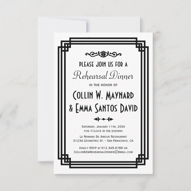Invitación Sencilla cena de ensayo en blanco y negro (Anverso)