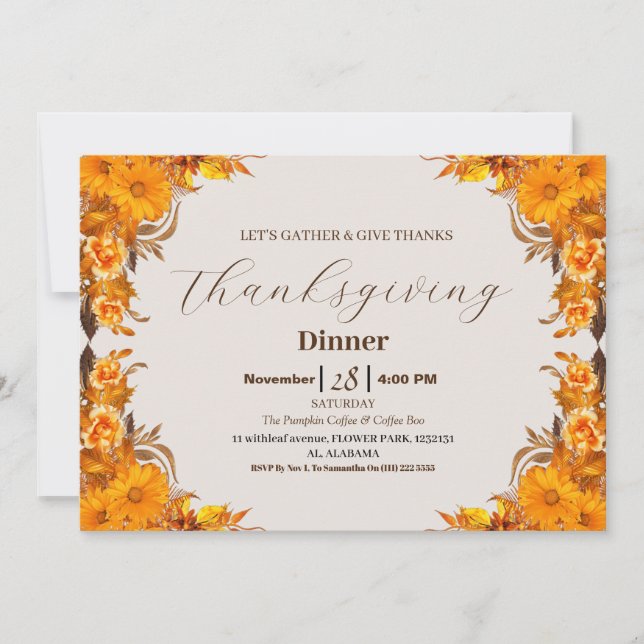 Invitación Sencilla Cena Elegante De Acción De Gracias Otoño  (Anverso)
