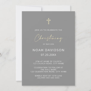 Invitación Sencilla Christina Minimalista Gris y Oro Cruz