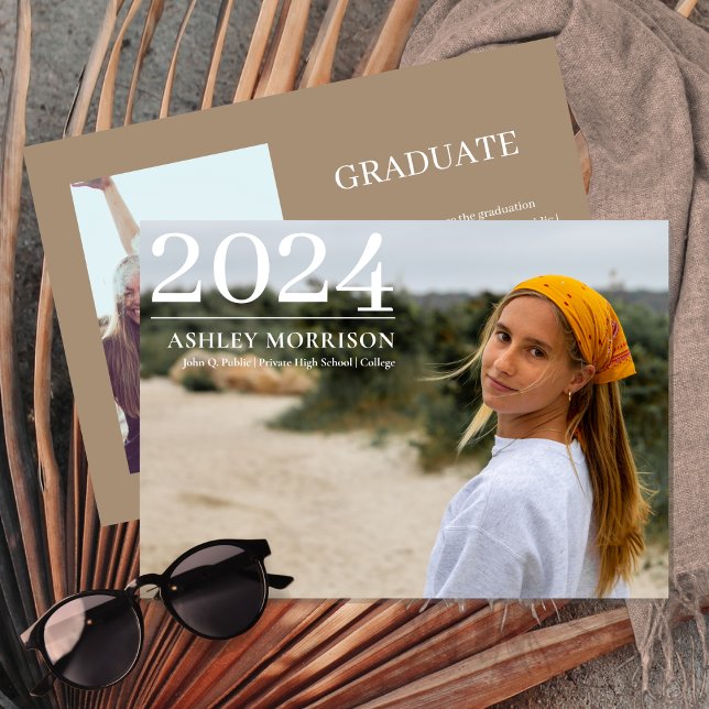 Invitación Sencilla Clásica 2024 Dos Graduación De Arena Foto (Simple Classy 2024 Two Photo Sand Beige Graduation Announcement)
