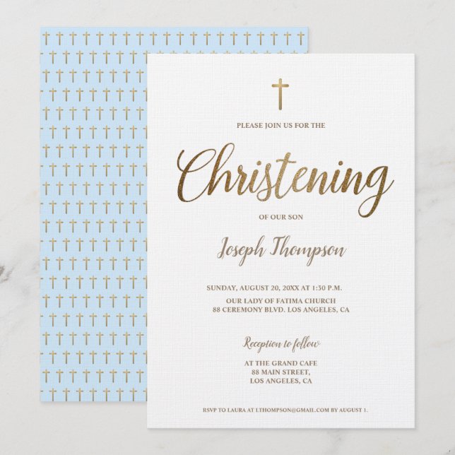 Invitación Sencilla Cruz de Oro Moderno Chico Christening azu (Anverso / Reverso)