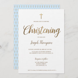Invitación Sencilla Cruz de Oro Moderno Chico Christening azu