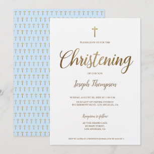 Invitación Sencilla Cruz de Oro Moderno Chico Christening azu