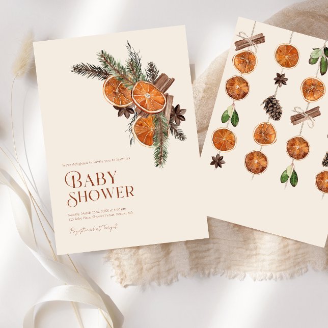 Invitación Sencilla Ducha de Bebé Invernal de Naranja Seca y  (Simple Dried Orange Slices & Cinnamon Baby Shower Invitation)