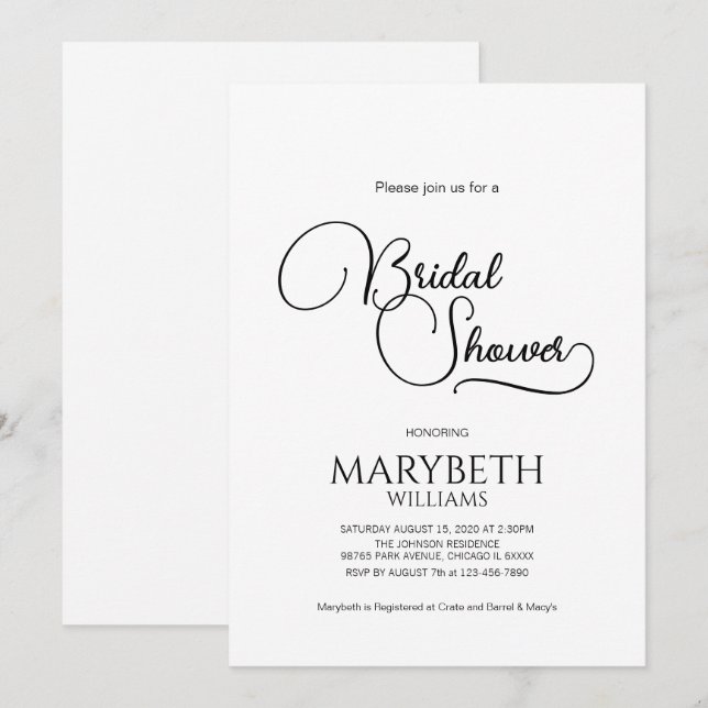 Invitación Sencilla ducha de novia con guión elegante (Anverso / Reverso)