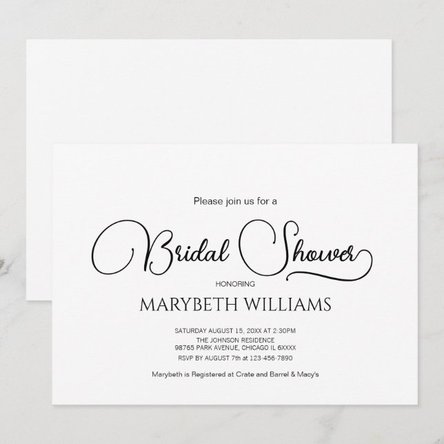 Invitación Sencilla ducha de novia con guión elegante (Anverso / Reverso)