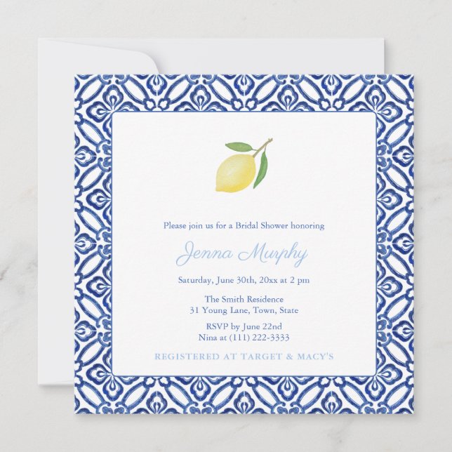 Invitación Sencilla ducha de novia con mosaico azul limón med (Anverso)