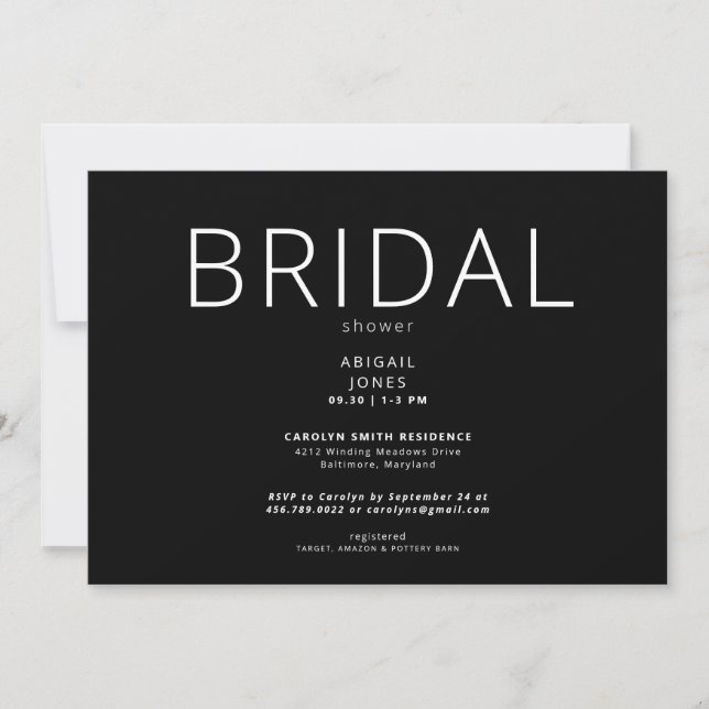 Invitación Sencilla ducha de novia contemporánea en blanco y  (Anverso)