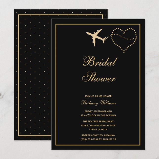 Invitación Sencilla ducha de novia de viaje de oro negro (Anverso / Reverso)