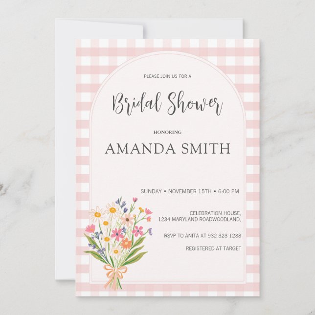 Invitación Sencilla ducha de novia floral rosa de Gingham (Anverso)