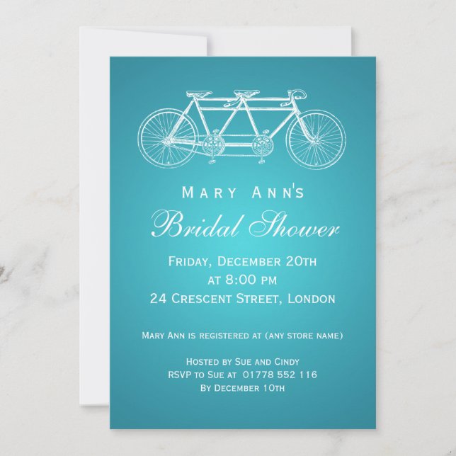 Invitación Sencilla ducha de novia Tandem Bicicleta Turquesa (Anverso)