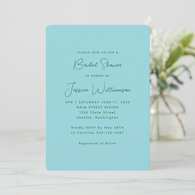 Invitación Sencilla ducha de novias azul y verde estética (Anverso de pie)