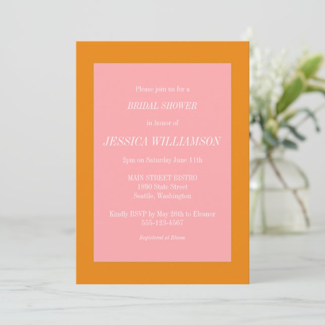 Invitación Sencilla ducha estética rosa y Naranja de novias (Anverso de pie)