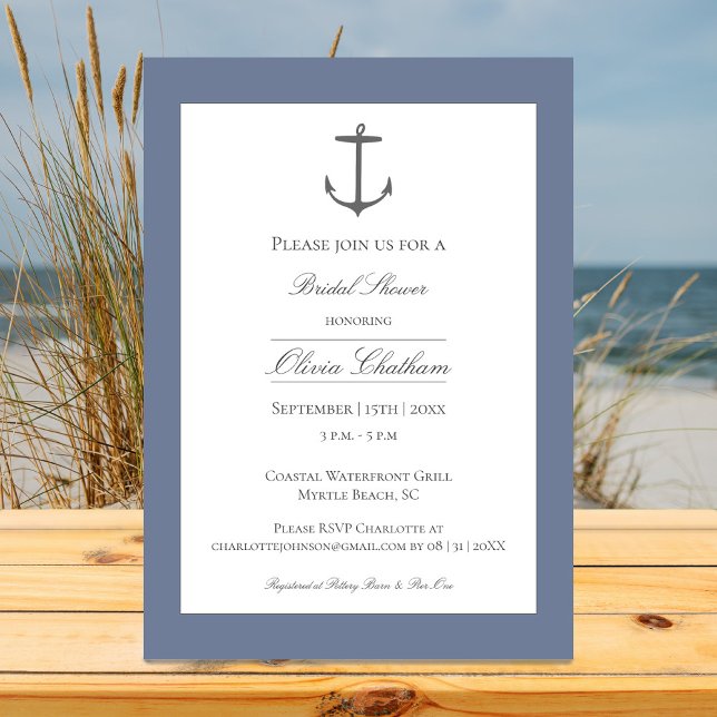 Invitación Sencilla ducha nupcial náutica | Azul agitado (Dusty Blue Simple Nautical Anchor Bridal Shower Invitation)