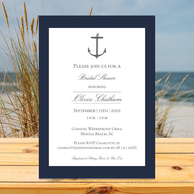 Invitación Sencilla ducha nupcial náutica | Azul Marino (Navy Simple Nautical Anchor Bridal Shower Invitation)