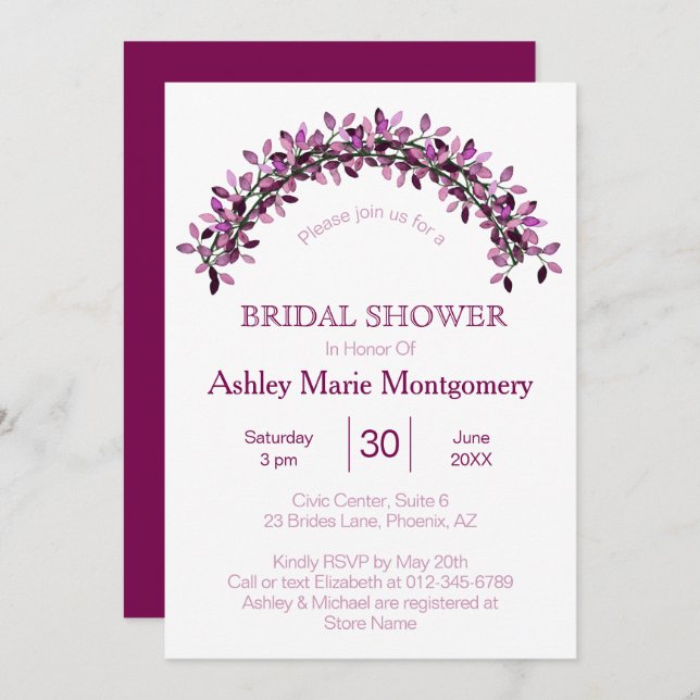 Invitación Sencilla elegancia Arco púrpura Leafy Ducha Bridal (Anverso / Reverso)