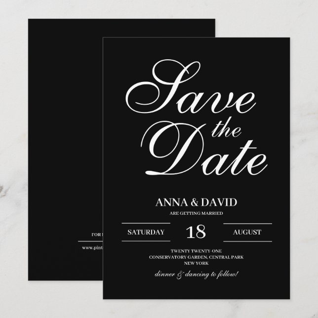 Invitación Sencilla elegancia blanca y negra salva la fecha (Anverso / Reverso)