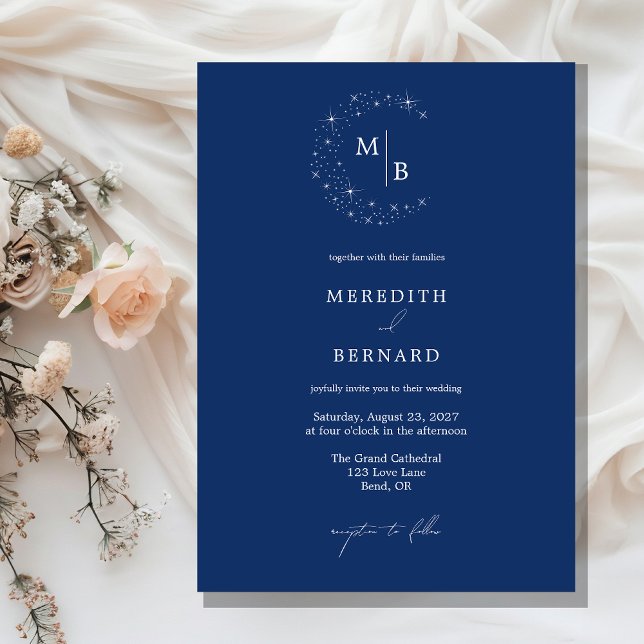 Invitación Sencilla Elegante Monograma Azul de Boda Celestial (Subido por el creador)