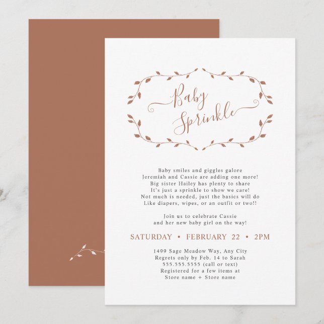 Invitación Sencilla Espoleta Botánica Terra Cotta Bebé (Anverso / Reverso)