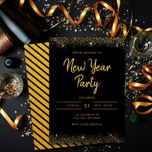 Invitación Sencilla Fiesta de Año Nuevo con Brillo Dorado y N