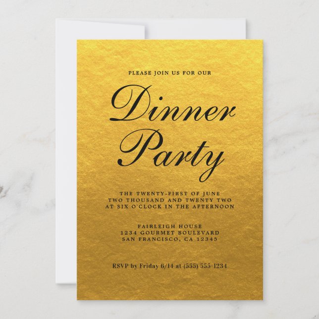 Invitación Sencilla Fiesta de Cena con Caligrafía Dorada Chic (Anverso)