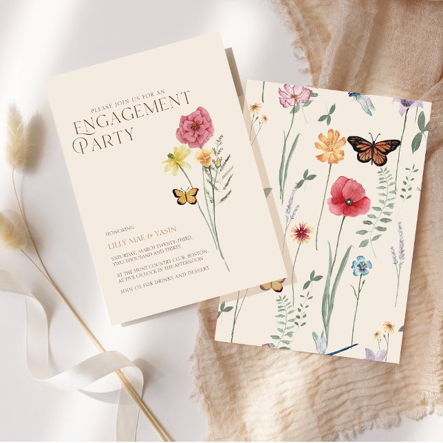 Invitación Sencilla Fiesta de Compromiso de Flores Silvestres (Simple Pink Yellow Wildflower Engagement Party Invitation)
