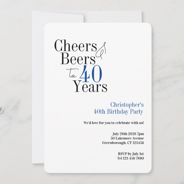Invitación Sencilla Fiesta de Cumpleaños 40 con Cheers y Cerv (Anverso)