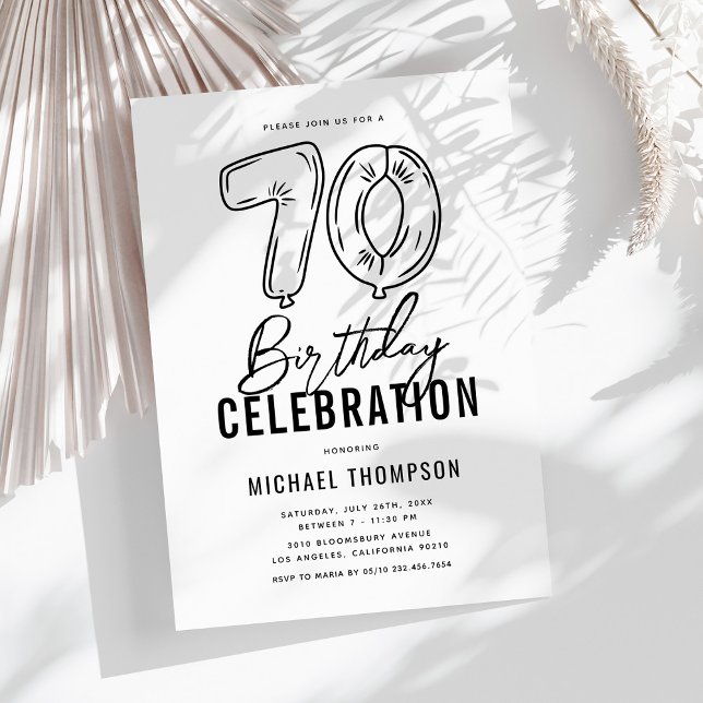 Invitación Sencilla Fiesta de Cumpleaños 70 en Blanco y Negro (Subido por el creador)