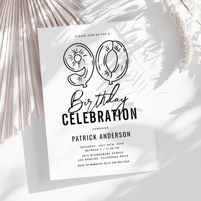 Invitación Sencilla Fiesta de Cumpleaños 90 en Blanco y Negro (Subido por el creador)