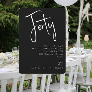 Invitación Sencilla fiesta de cumpleaños número 40 negra