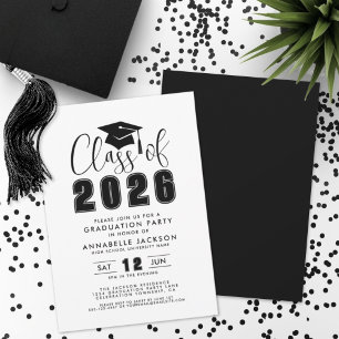 Invitación Sencilla Fiesta de Graduación en Blanco y Negro