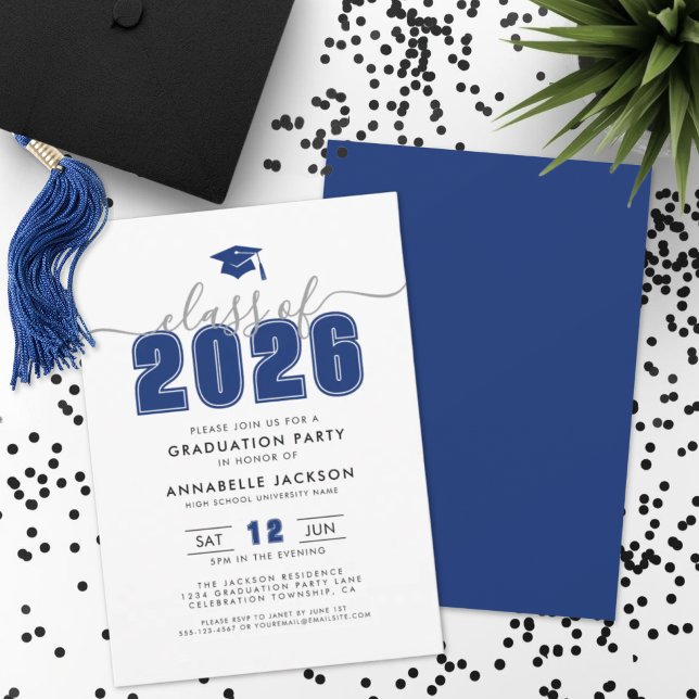 Invitación Sencilla Fiesta de Graduación Moderna Azul (Simple Modern Blue Graduation Party Invitation)