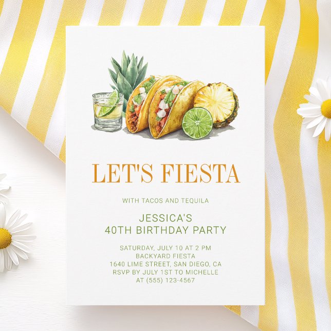 Invitación Sencilla Fiesta de Tacos Mexicanos Cumpleaños 40 (Simple Mexican Tacos Fiesta 40th Birthday Party Invitation)
